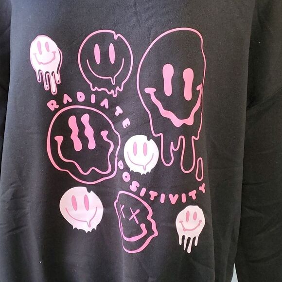 NWOT, EMOJ BLACK SWEATSHIRTS 2. Size large no makers tag. Pink smileys. - Picture 2 of 7